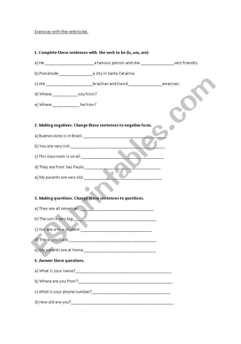 Exercises with the verb to be worksheet