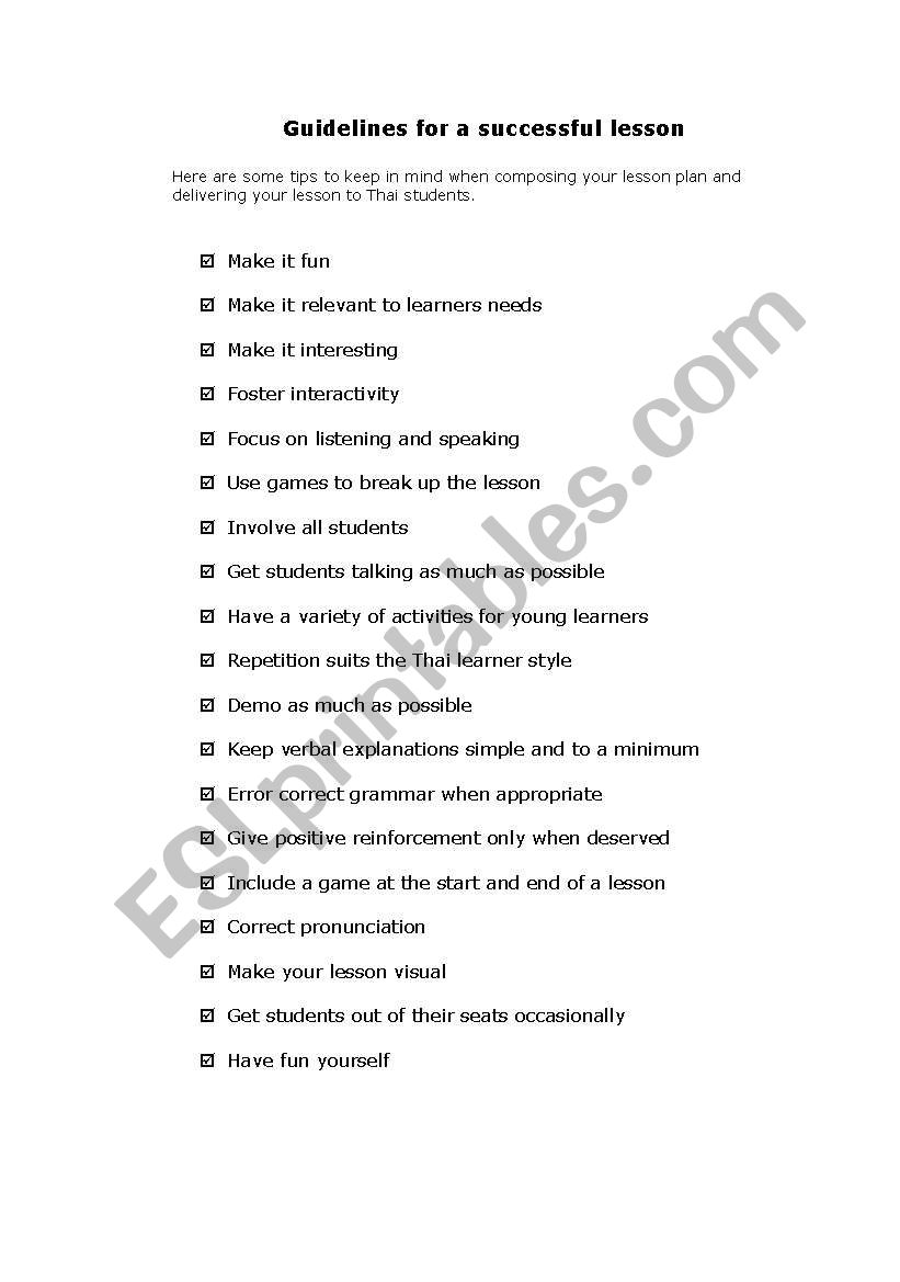 successful lesson worksheet