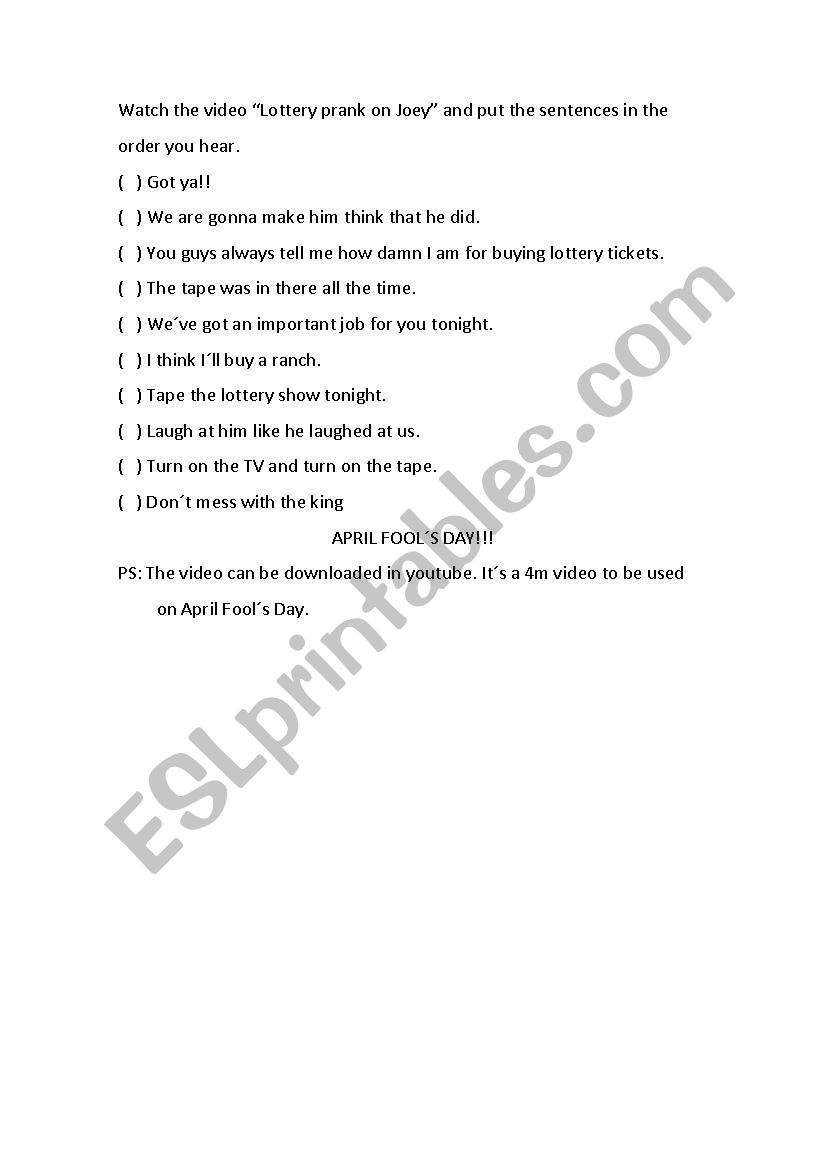 Lottery Prank on Joey worksheet