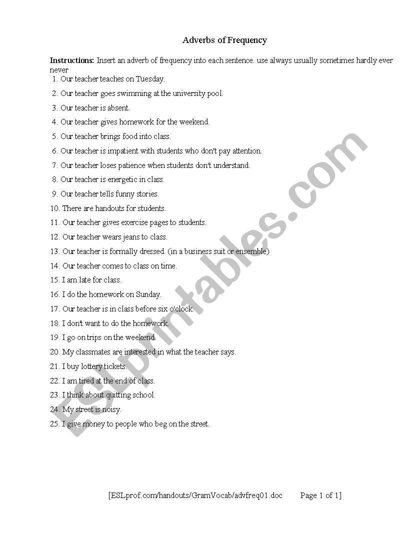 adverbs of frecuency worksheet