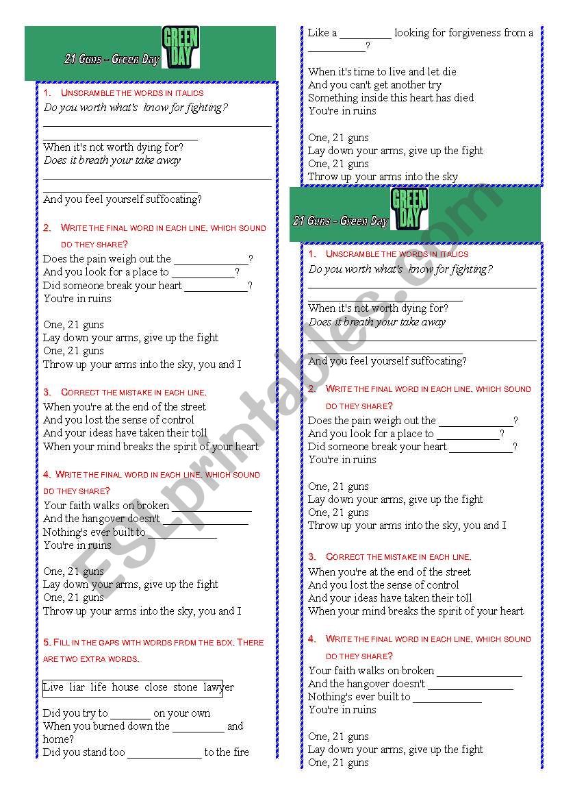 Green Day 21 Guns worksheet