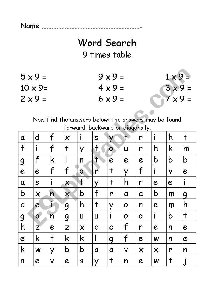 9 times table worksheet