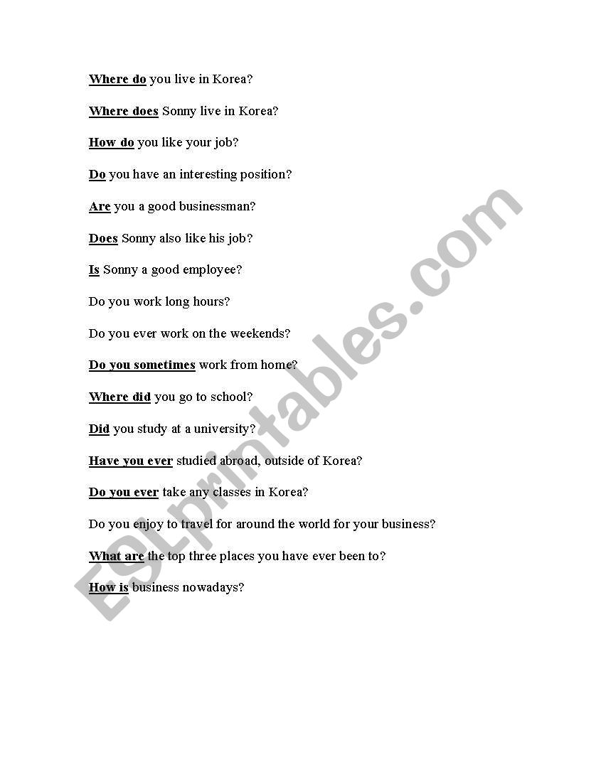 Questions using do, how, etc worksheet