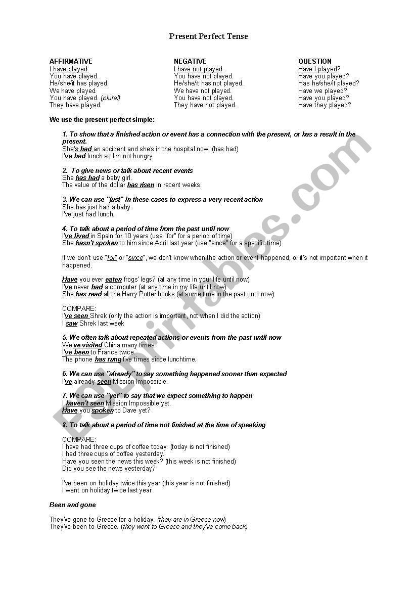 Present Perfect - guide worksheet