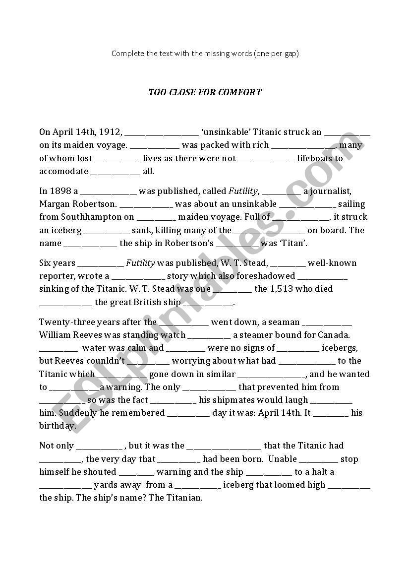 Advanced Cloze Passage worksheet