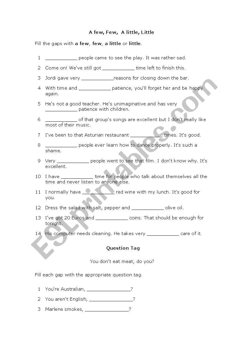 Quantifiers, during and for worksheet