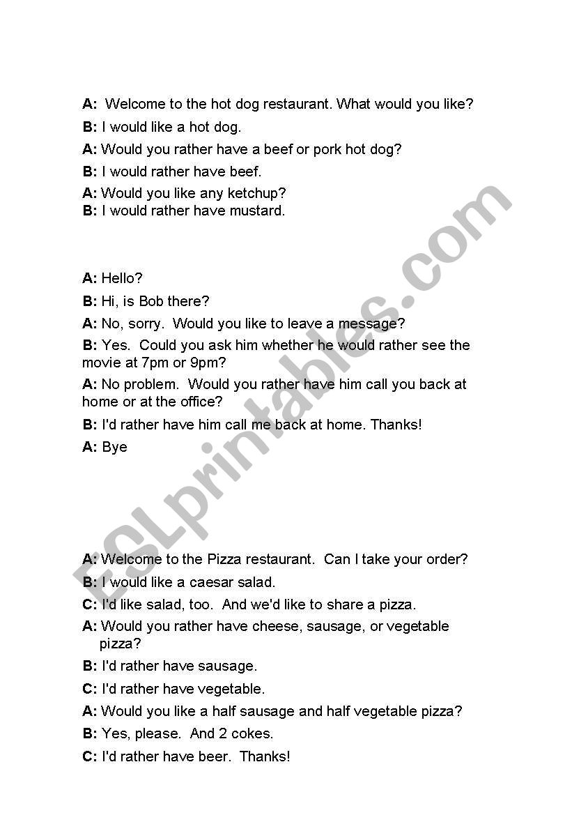 Would You Rather dialogs worksheet