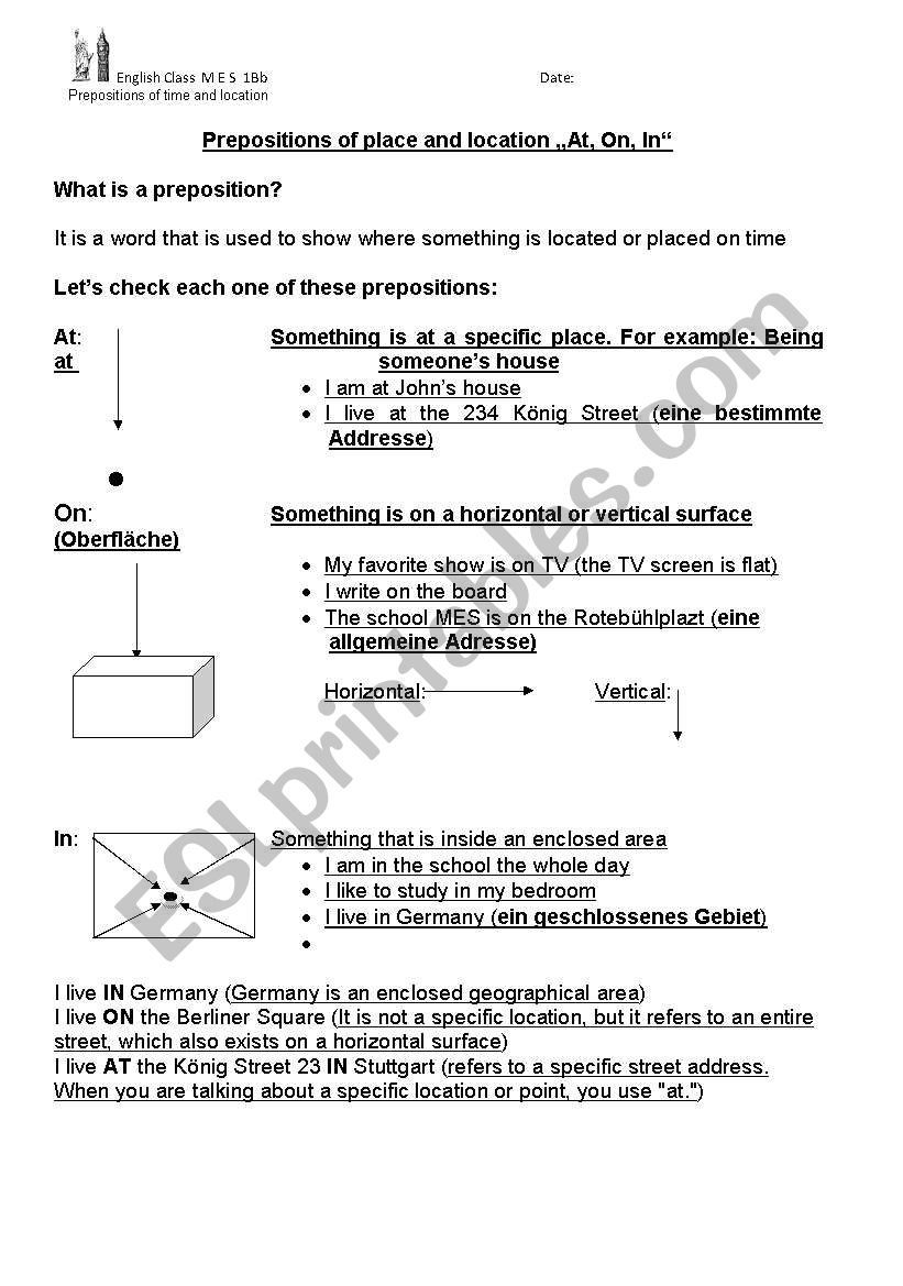 Prepositions at, on, in worksheet