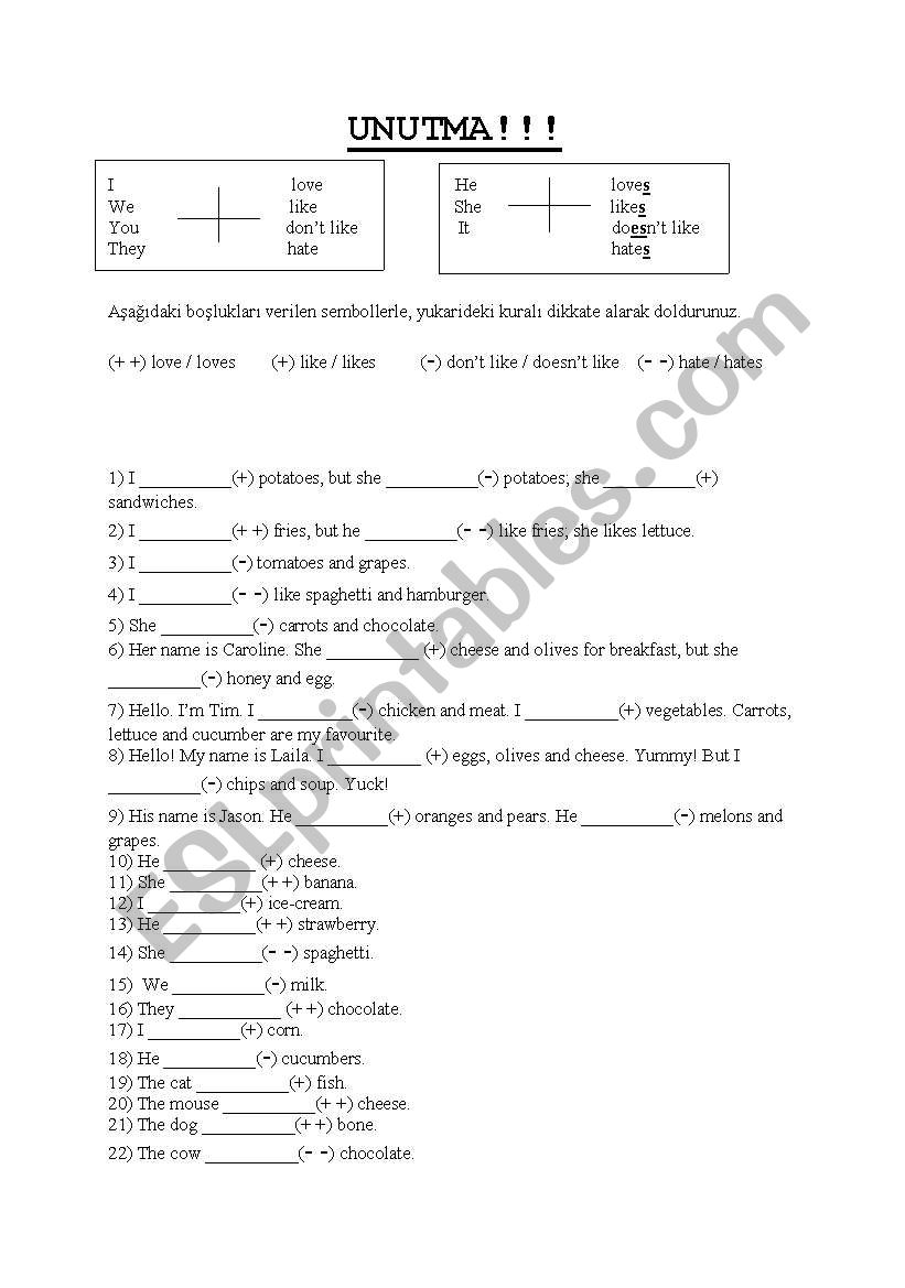 like/love/dont like/hate worksheet