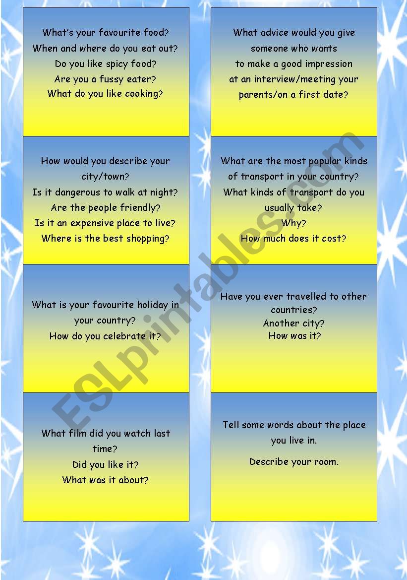 Speaking cards for examination/ speaking activity