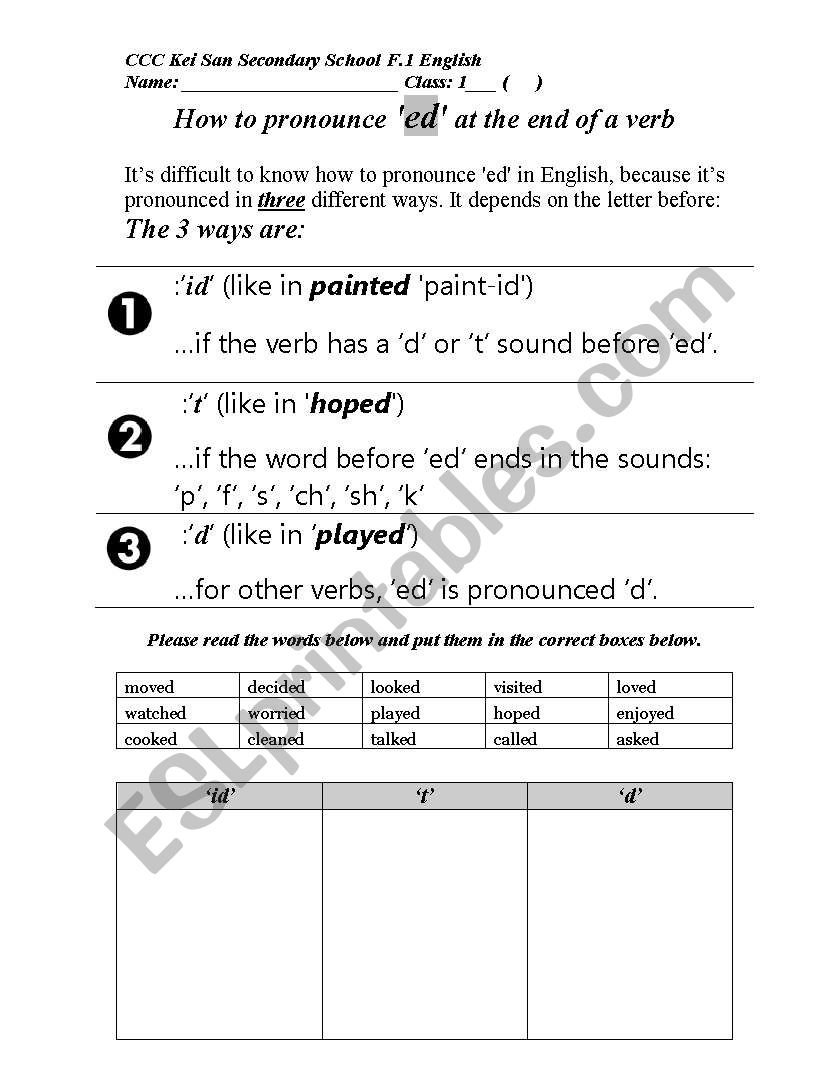 ed pronunciation worksheet