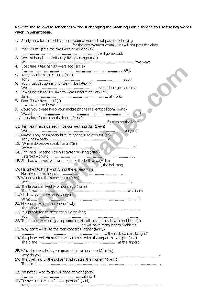 Rewrite exercises worksheet