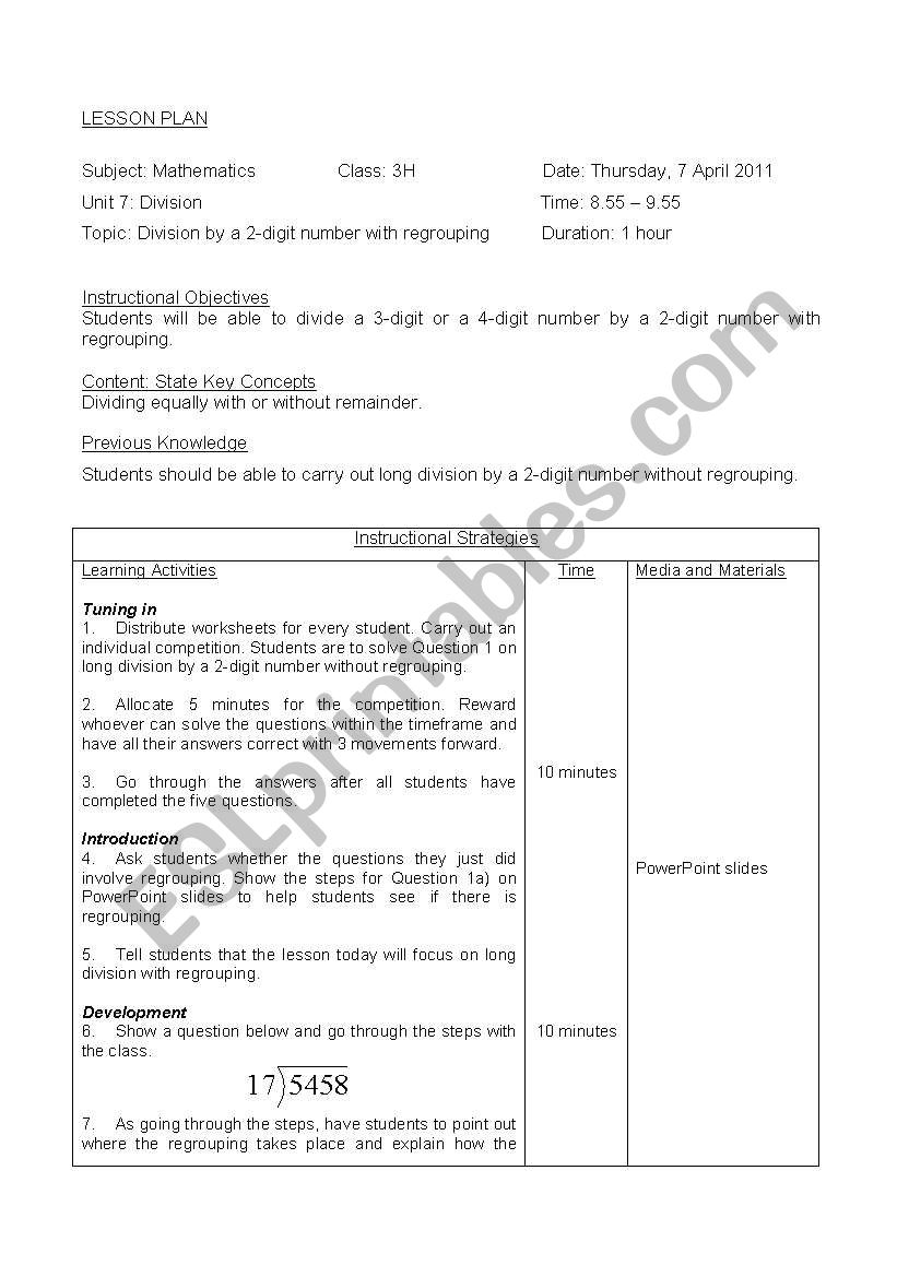 Lesson Plan Division by 2 digit number