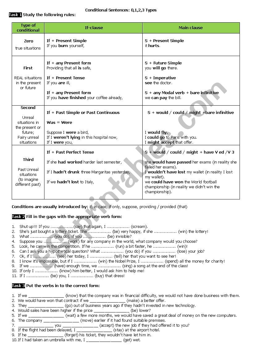 Conditionals:Type 0,1,2,3 worksheet