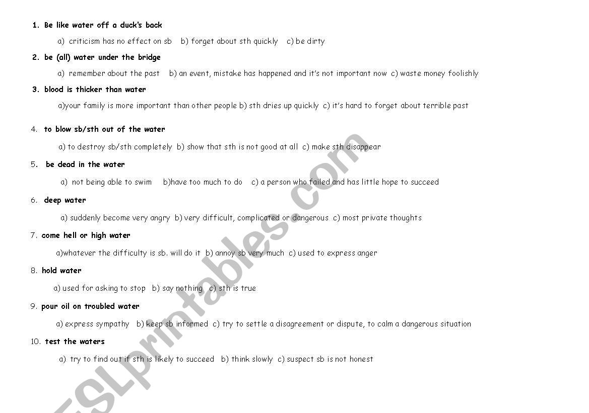 water  idioms  worksheet