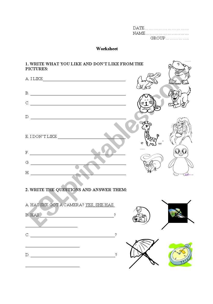 Worksheet with I like / dont like - has he / she got - I can / cant