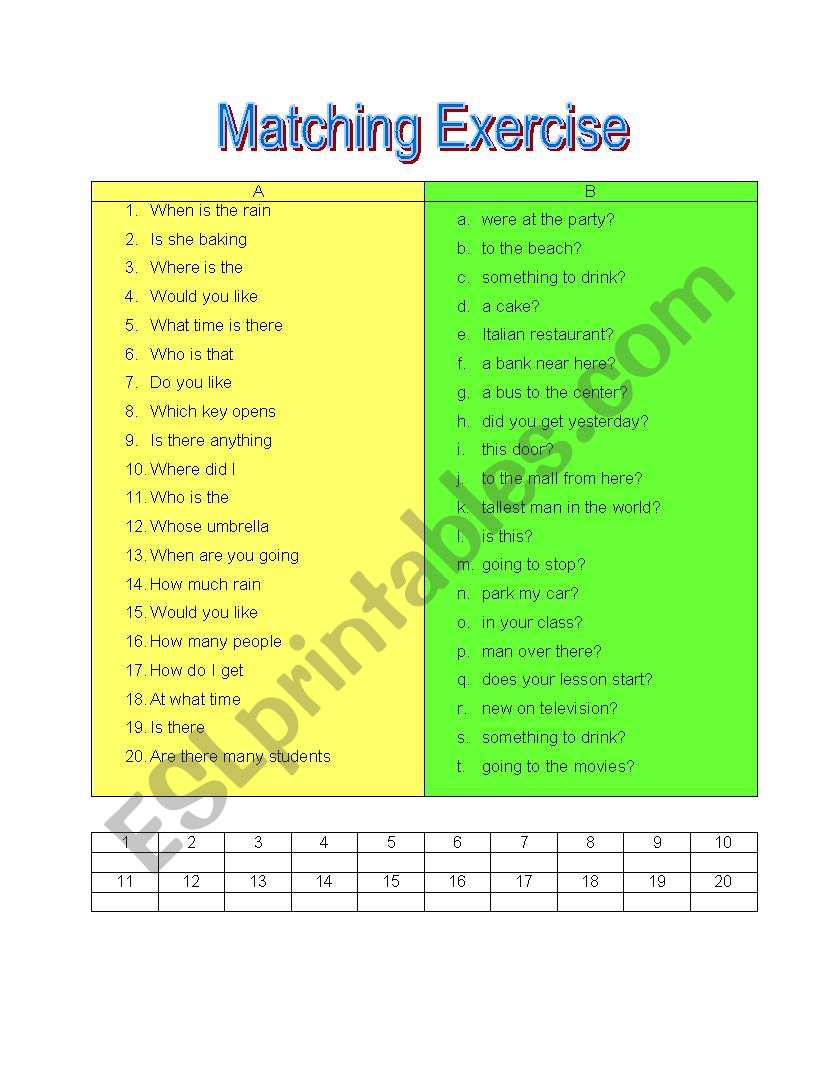Matching Exercise worksheet