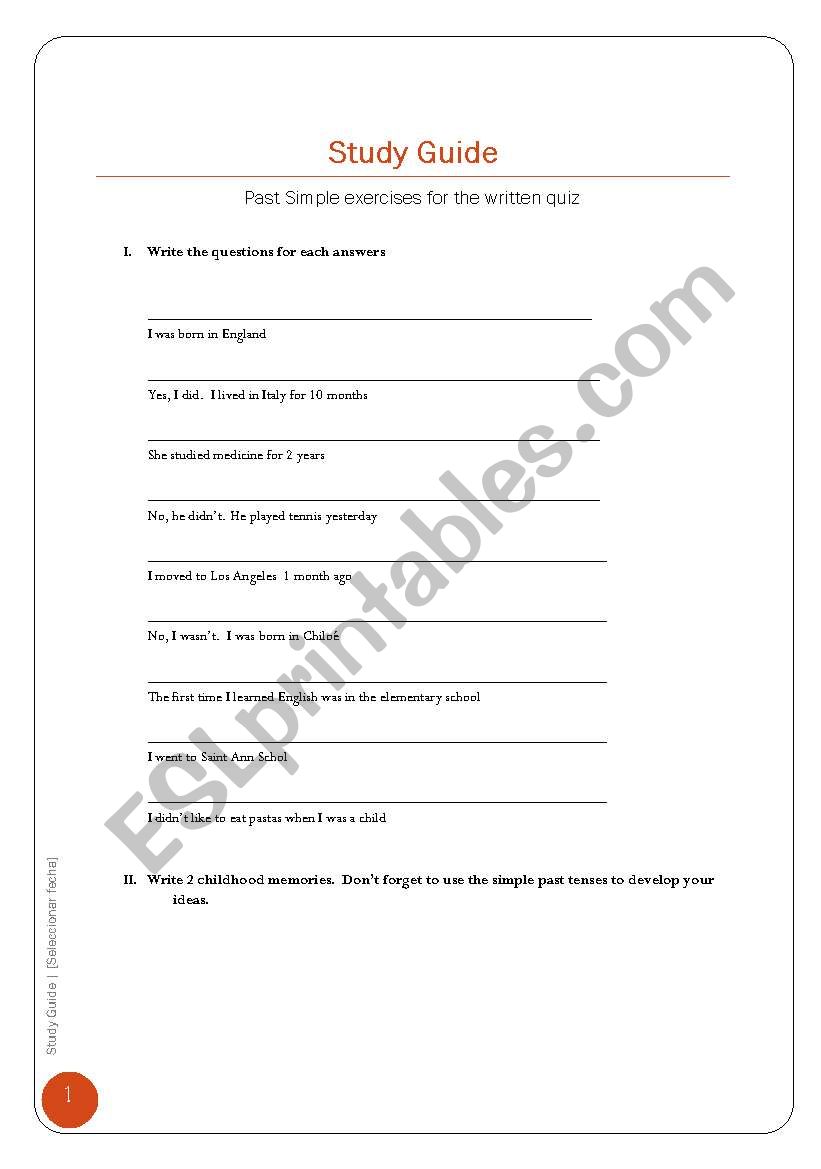 Study Guide Past Simple worksheet