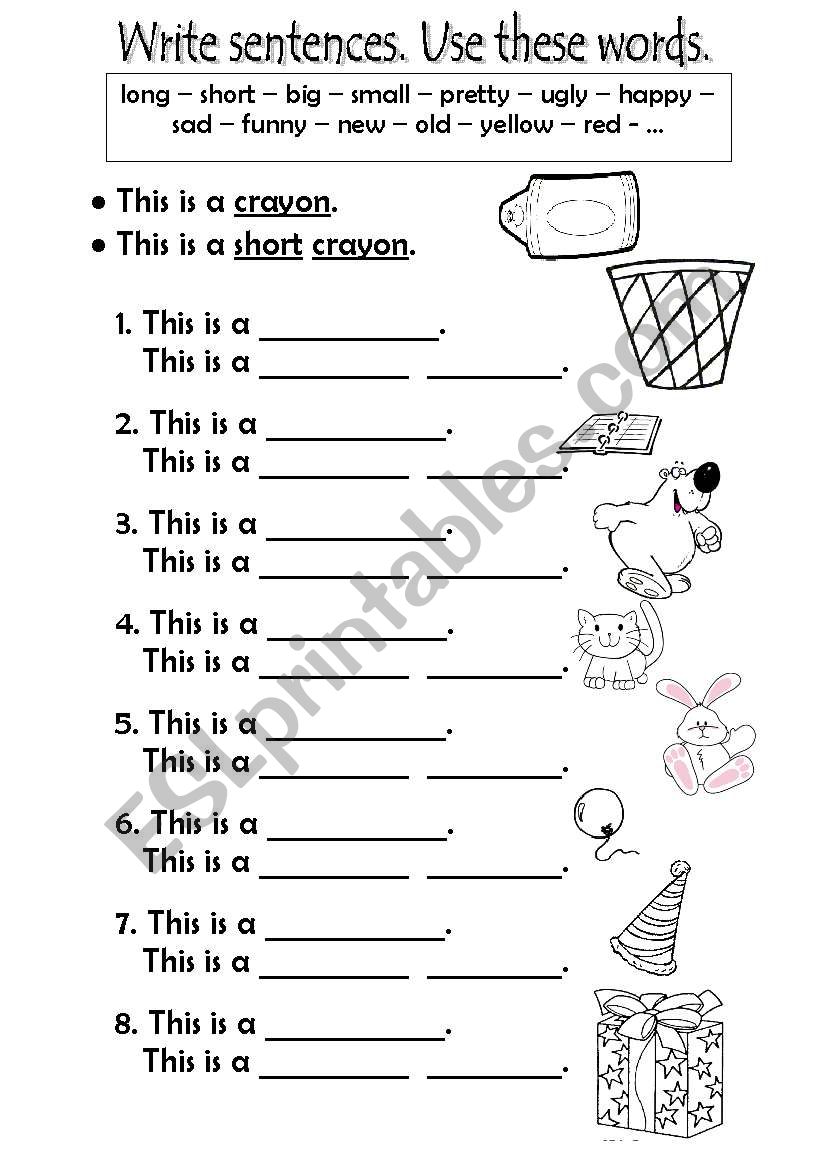 WRITE SENTENCES + ADJECT. worksheet