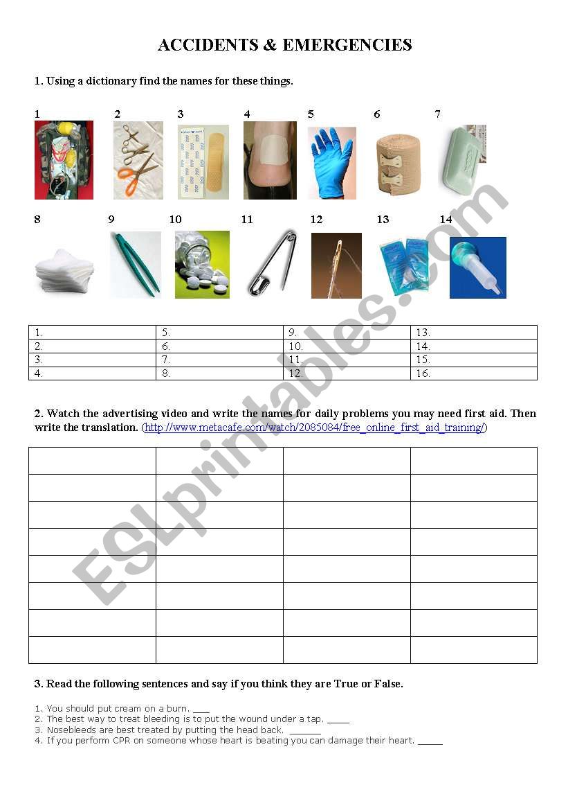 Accidents and Emergencies worksheet