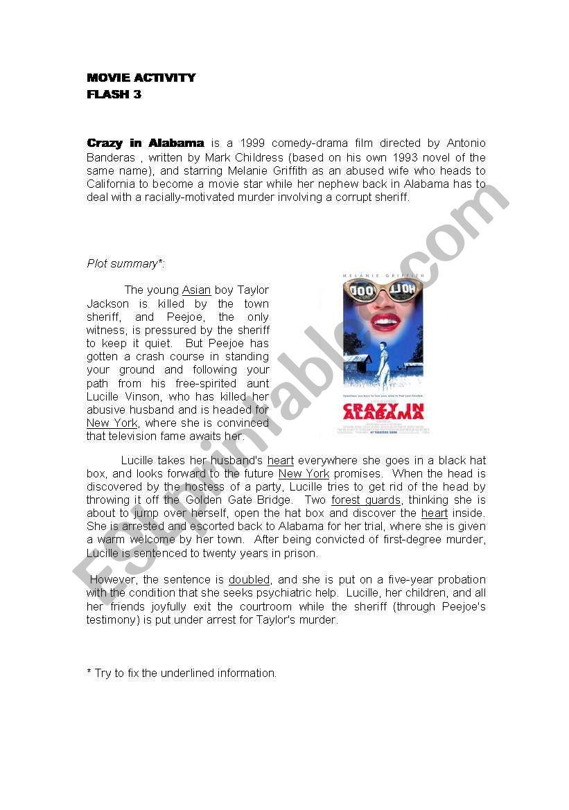 crazy in alabama reading/worksheet