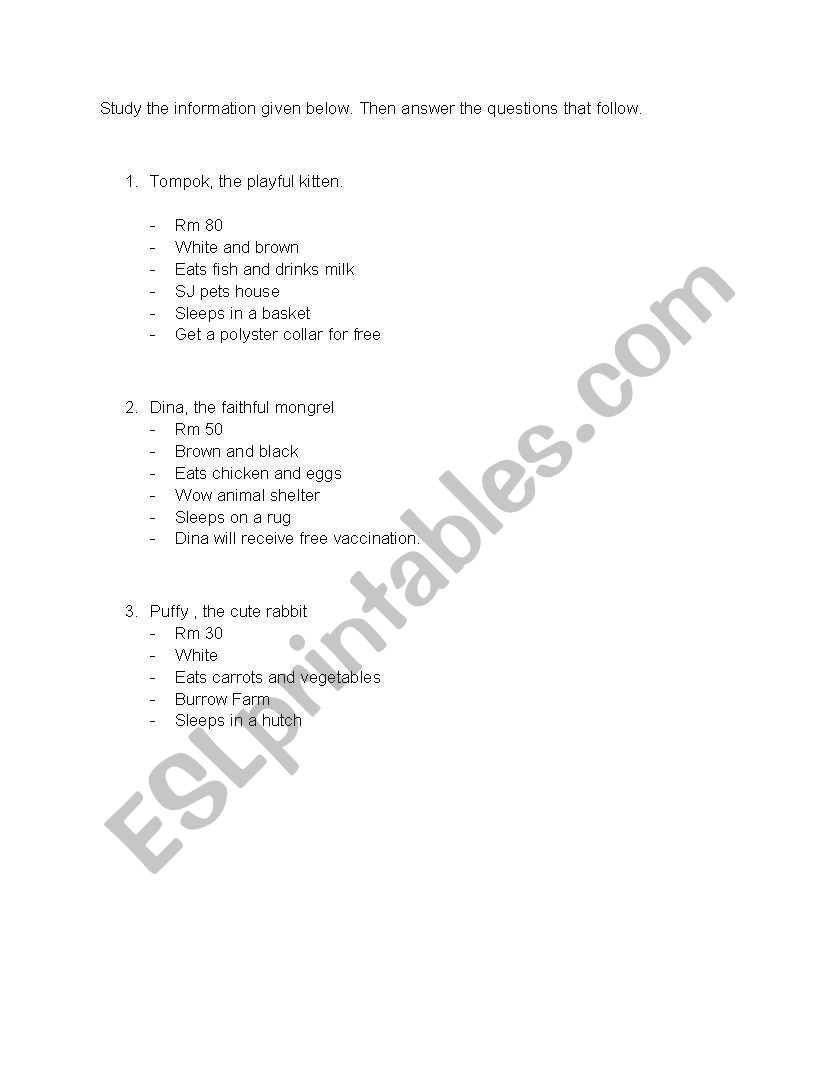 english animals worksheet