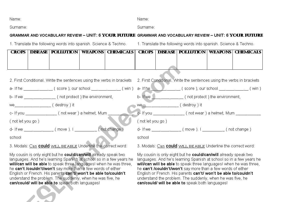 Printable exercise to practice vocabulary, first conditional, modals and future 