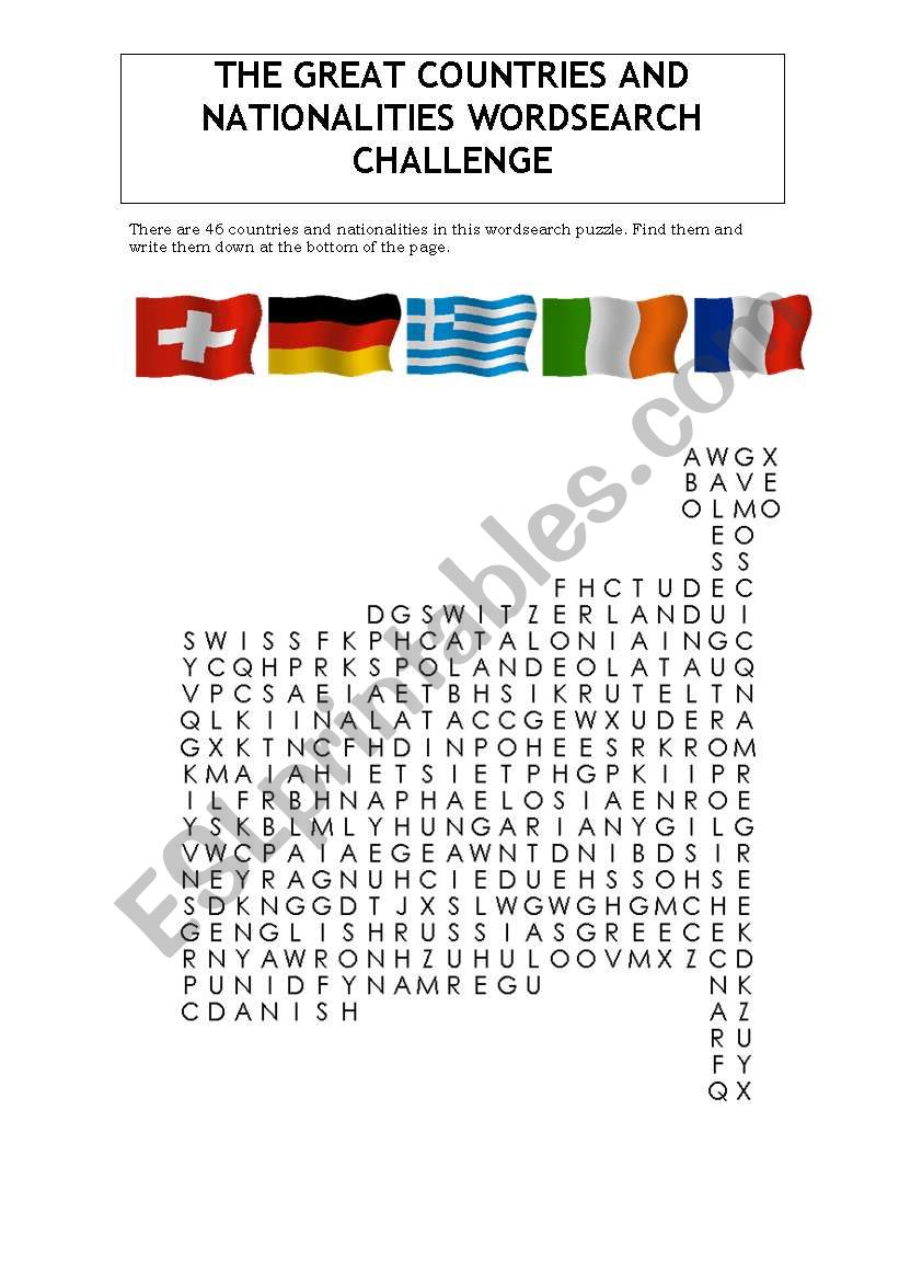 The great countries and nationalities wordsearch challenge