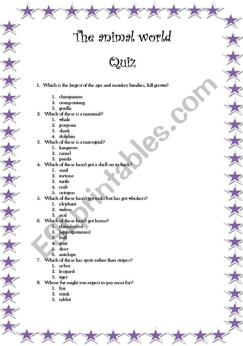 Animal quiz worksheet
