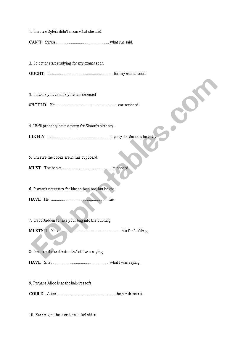 Paraphrasing - Modal verbs worksheet