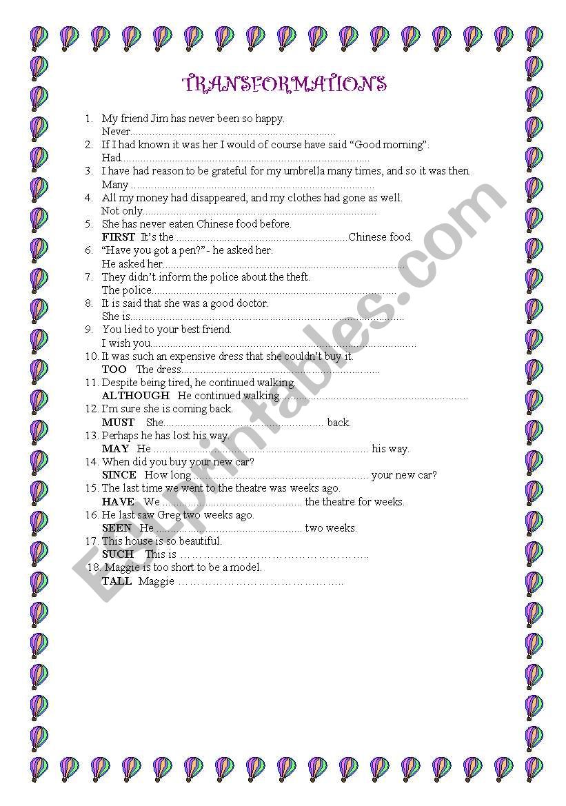 TRANSFORMATIONS worksheet