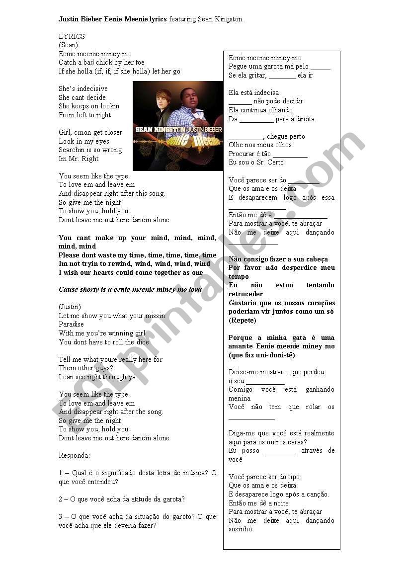 Eenie Meenie music sheet worksheet