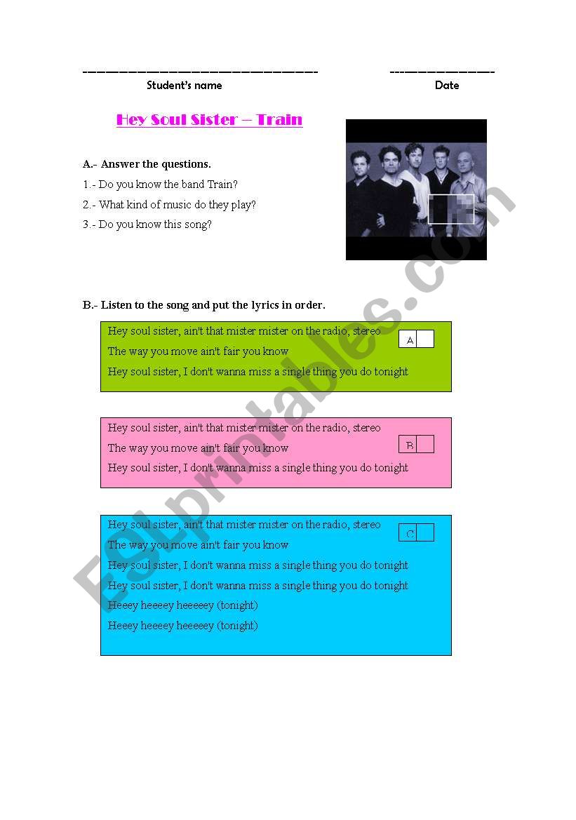 Song Hey Soul Sister worksheet