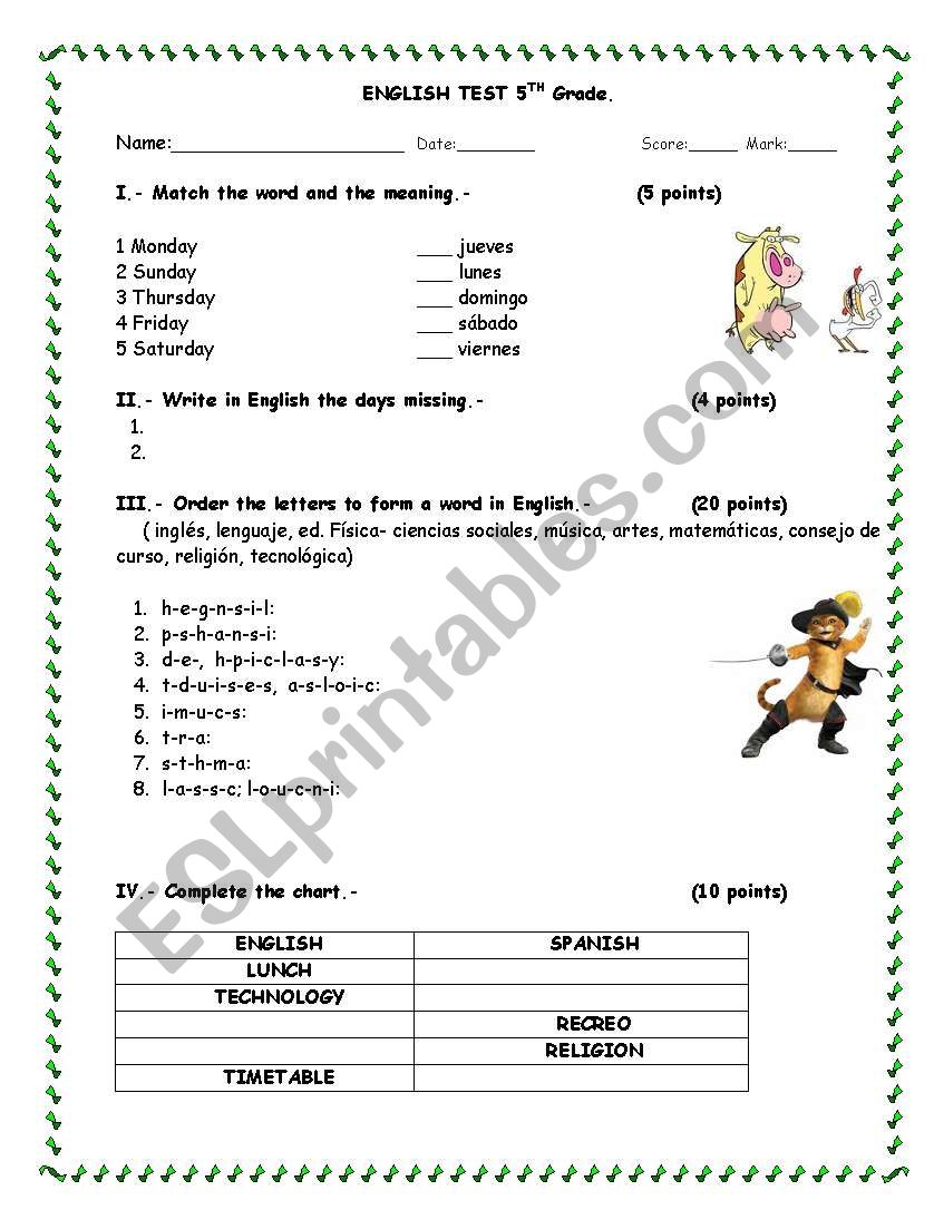 Days of the week and subjects in English