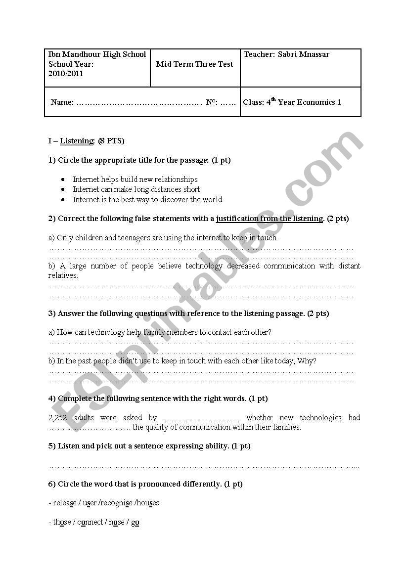 mid term three test for bac (with tape script)