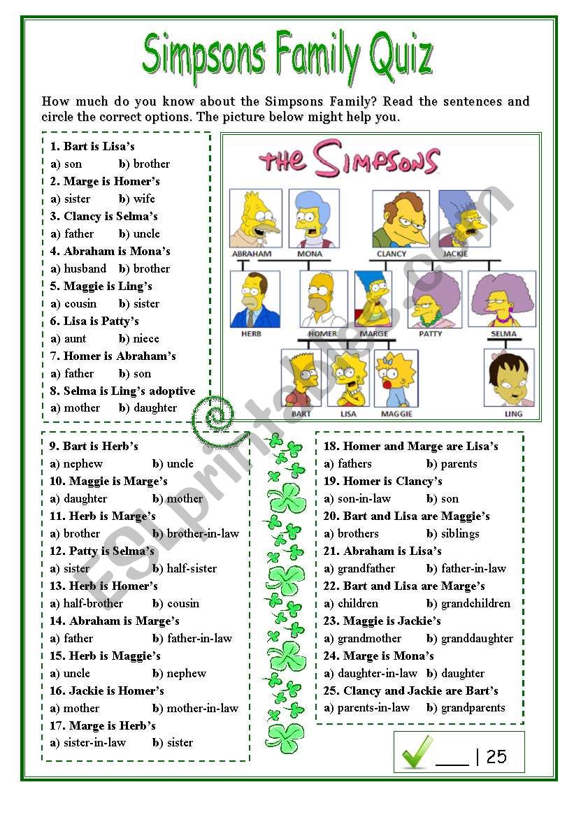 Simpsons Family Quiz worksheet