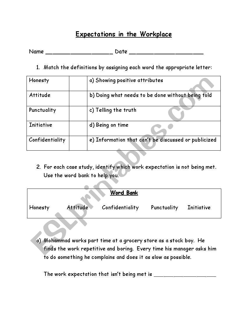 Expectations in the Workplace worksheet
