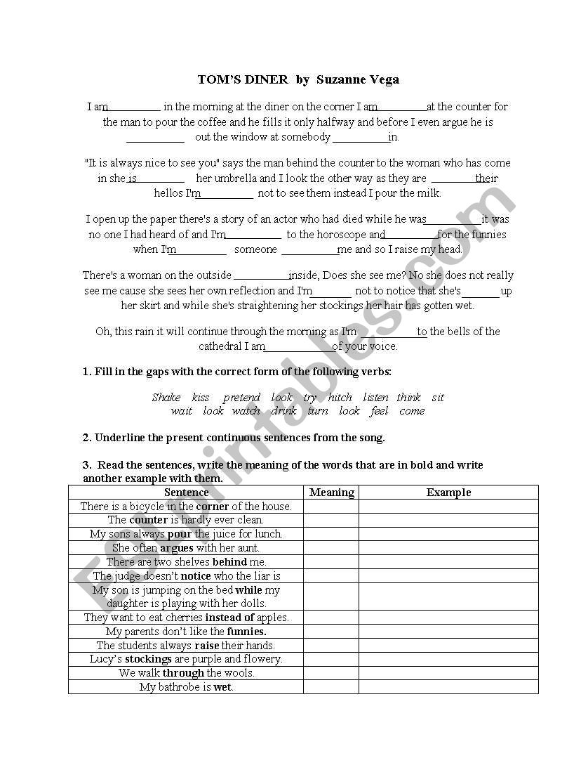 TOMS DINER worksheet