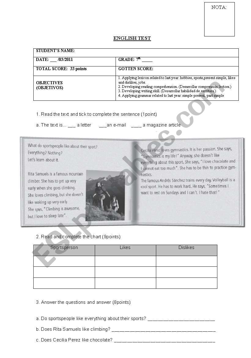english test worksheet