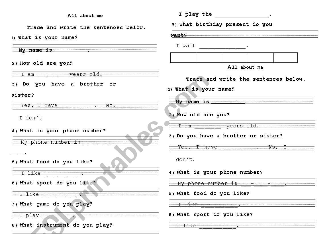 All About Me! worksheet