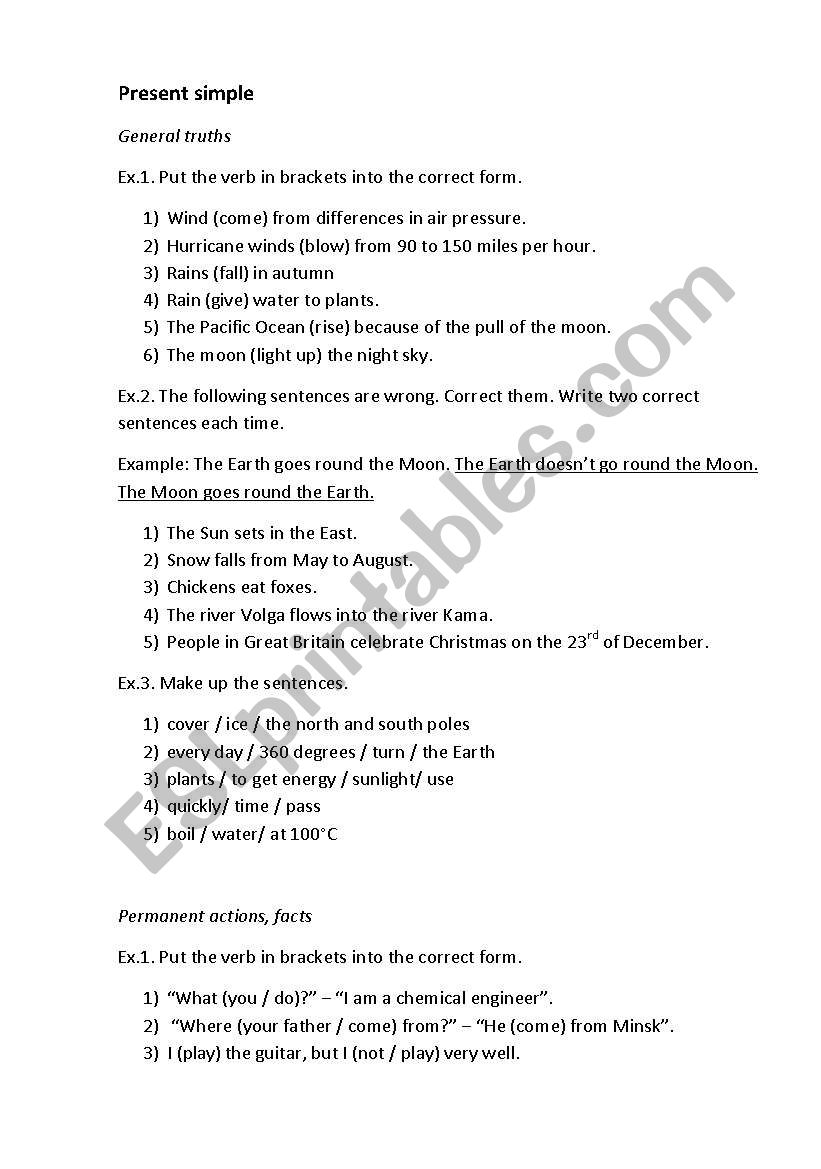 Exercises on Present Simple worksheet