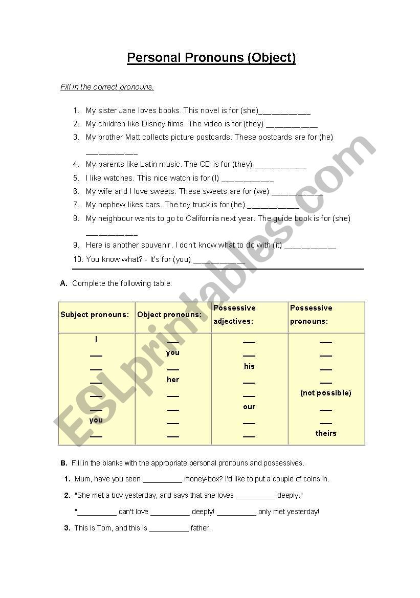 OBJECT PRONOUNS worksheet