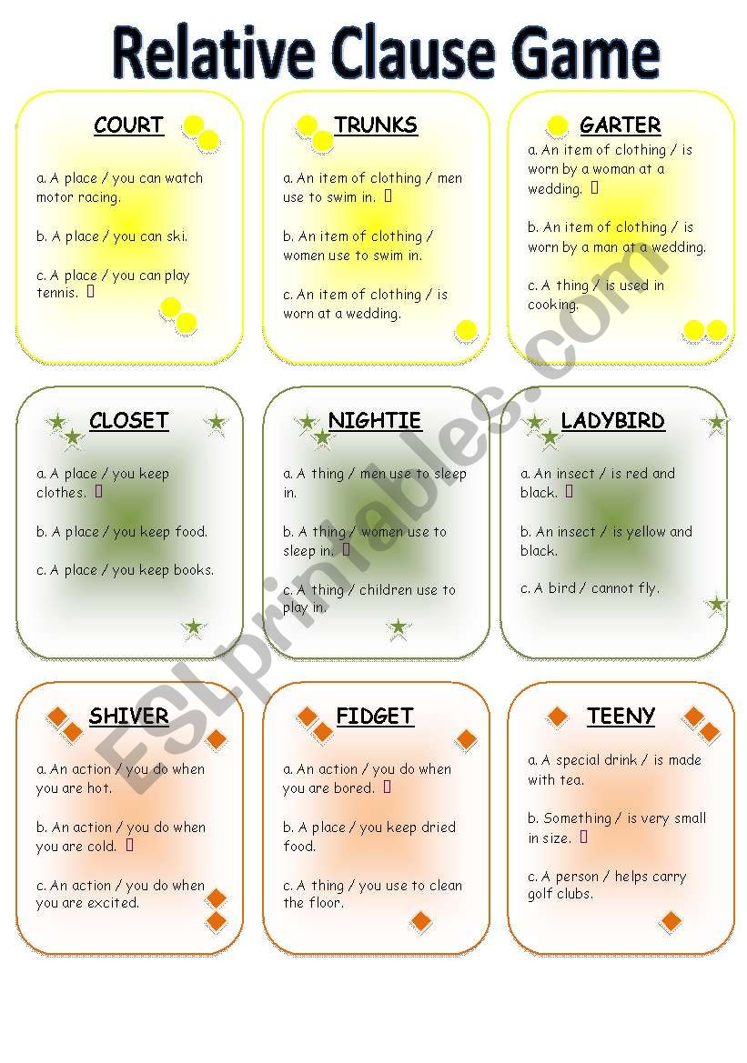 Defining Relative Clause Game worksheet