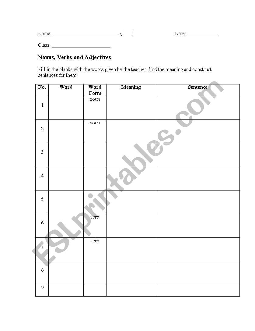 Nouns Verbs Adjectives worksheet