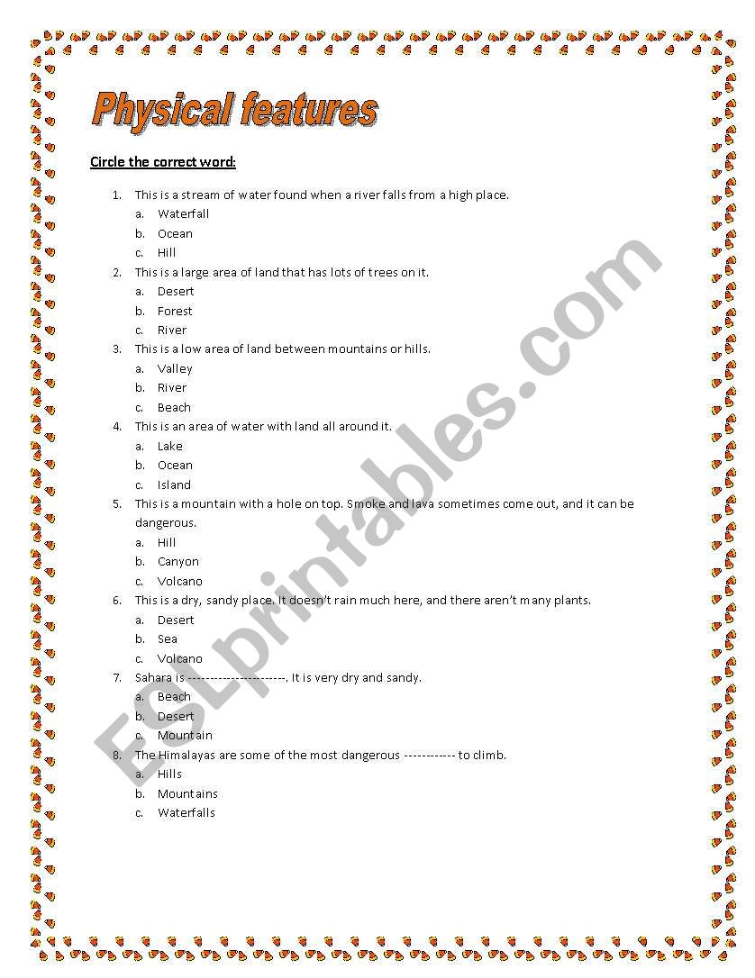 Physical Features worksheet
