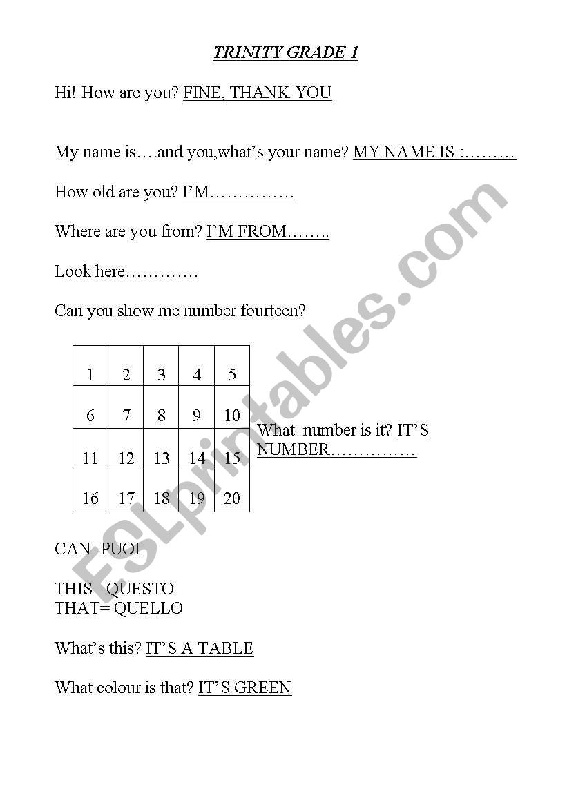 Trinity Grade 1 worksheet