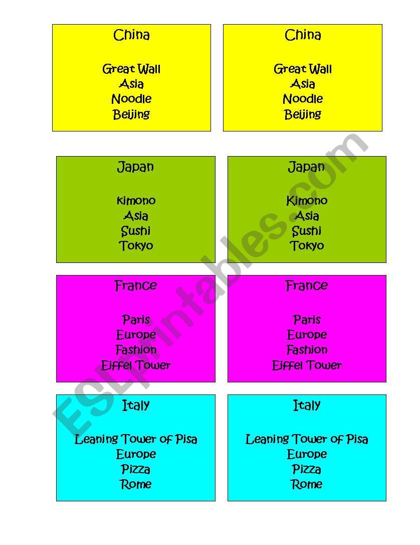 Taboo Cards - Countries worksheet