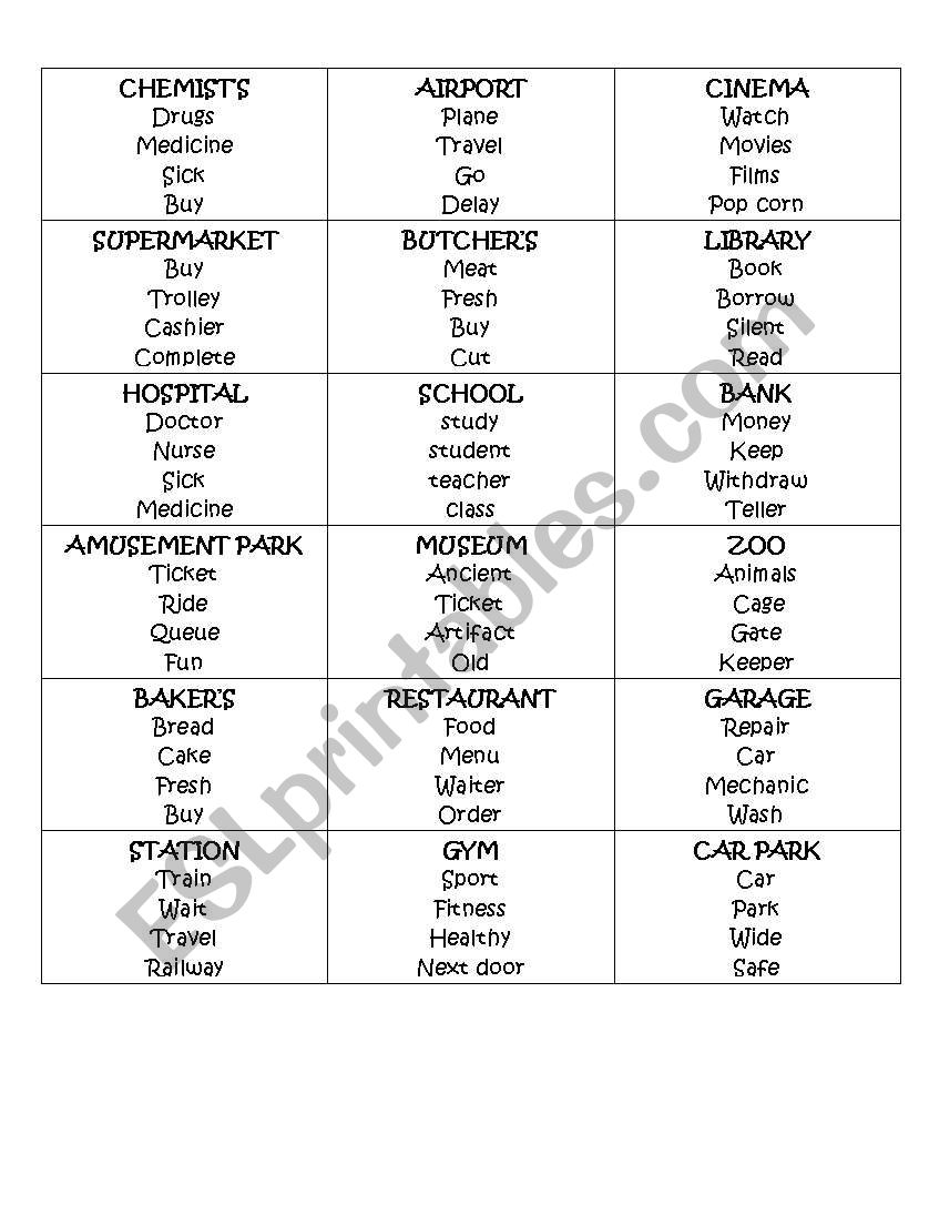 Taboo Cards - Public Places worksheet