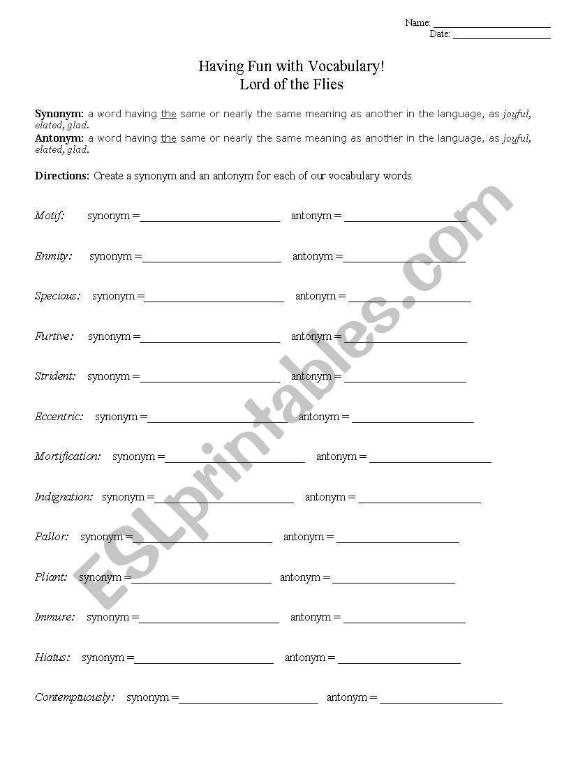 LOTF Vocabulary worksheet