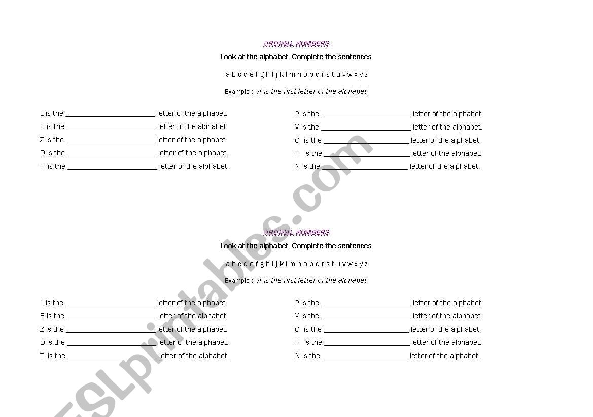 ordinal numbers worksheet